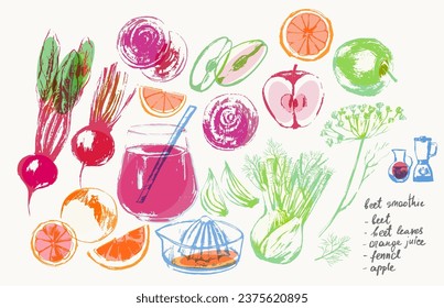 Hand drawn summer smoothie recipe illustration, glass and ingredients poster. Healthy food and drink, vegetable fruit detox. Beet, fennel, orange, apple, whole, half, slice, juicer.