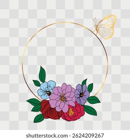 Hand drawn summer sprin blooming flowers bouquet elements for design decoration. Colorful hibiscus and rose with golden frame and gold butterfly 