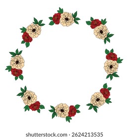 Hand drawn summer spring blooming flowers bouquet roses in yellow and red for design decoration frame wreath