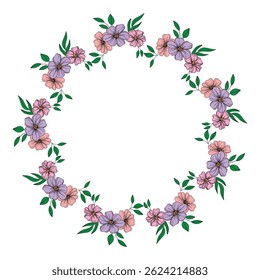 Hand drawn summer spring blooming flowers bouquet hibiscuses  elements for design decoration in blue, yellow, and pink frame wreath