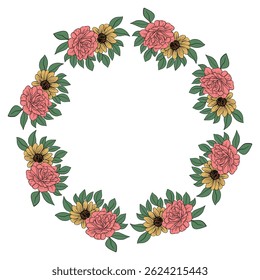 Hand drawn summer spring blooming flowers bouquet roses and sunflowers elements for design decoration frame wreath