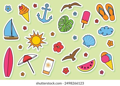 Hand drawn summer stickers. Icon set. Vector illustration