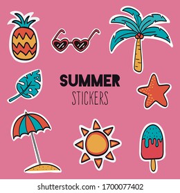 Hand Drawn Summer Stickers. Sticker Collection