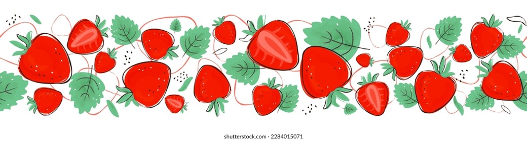 Hand drawn summer strawberry endless border for grocery, farmers market, tea, natural cosmetics, summer garden design, cards, wallpaper, banners, wrapping paper, holiday decorations, textiles and more