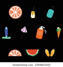 Hand drawn summer style. Sandals, suitcases, umbrellas, ice cream.