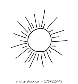 Hand drawn summer sun in doodle style. Sun on a white background. Vector illustration icon. Sun can be used on postcards, stickers, posters.