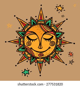 Hand drawn summer sun tribal background. Ornamental decoration, mandala, ethno, vintage ornament.