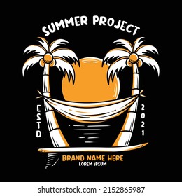 hand drawn summer sunset with palm tree