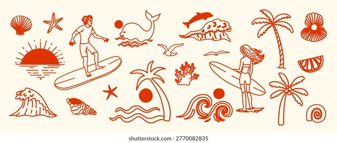 Hand drawn summer surf  collection with beach lifestyle elements including surfers, waves, palm trees, ocean animals and shells.