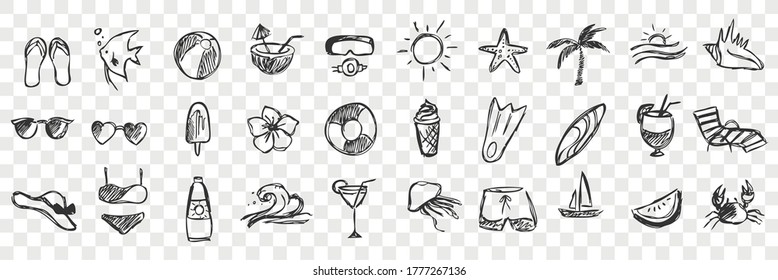 Hand drawn summer symbols doodle set. Collection of pen ink pencil drawing sketches tropical clothes and ocean fish isolated on transparent background. Patterns of vacation outfit and sea animals.