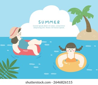 Hand drawn summer template background on the ocean with people and swim ring.