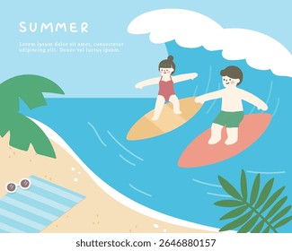 Hand drawn summer template background on the ocean with people surfing.