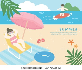 Mão desenhado fundo modelo de verão no oceano com as pessoas tomar banho de sol e surfar.