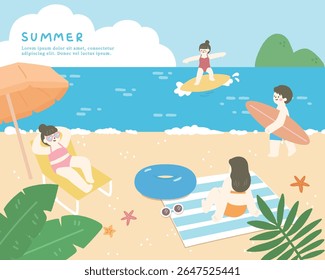 Hand drawn summer template background on the ocean with people sunbathing and surfing.