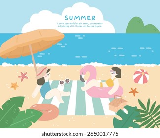 Hand drawn summer template background on the beach with people and leaves.
