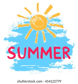 Hand drawn summer. Text summer and sun on blue background paint. Banner, icon. Vector illustration