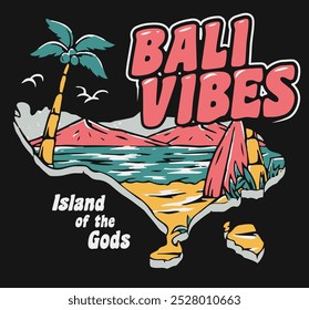 handgezeichnete Sommer Thema bali vibes Insel der Götter Palme Kokosnuss Baum Strand Meer Meer Kunst Illustration für T-Shirt, T-Shirt Grafik, Platzierung Druck, Vektorgrafik