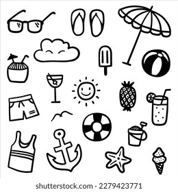 Hand drawn summer theme. Thin black line abstract doodle beach vacation tools in multiple collection in vector illustration