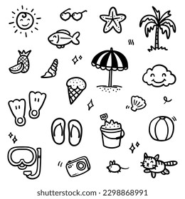 Hand drawn summer theme. Thin black line abstract doodle beach vacation tools in multiple collection in vector illustration