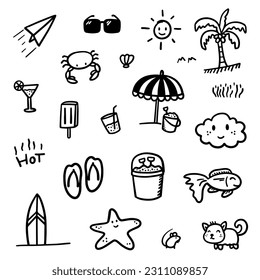 Hand drawn summer theme. Thin black line abstract doodle beach vacation tools in multiple collection in vector illustration