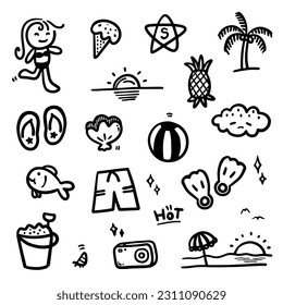Hand drawn summer theme. Thin black line abstract doodle beach vacation tools in multiple collection in vector illustration