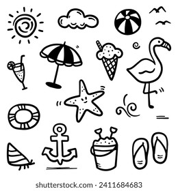 Hand drawn summer theme. Thin black line abstract doodle beach vacation tools in multiple collection in vector illustration