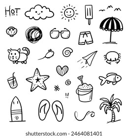 Hand drawn summer theme. Thin black line abstract doodle beach vacation tools in multiple collection in vector illustration