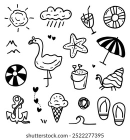 Hand drawn summer theme. Thin black line abstract doodle beach vacation tools in multiple collection