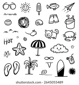 Hand drawn summer theme. Thin black line abstract doodle beach vacation tools in multiple collection in vector illustration