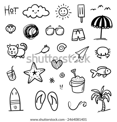 Hand drawn summer theme. Thin black line abstract doodle beach vacation tools in multiple collection in vector illustration