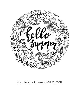 Hand hand drawn summer themed phrases. Modern style lettering.  drawn summer themed phrases. Hello Summer.