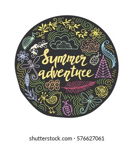 Hand hand drawn summer themed phrases. Modern style lettering. . drawn summer themed phrases. Summer adventure.