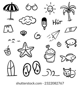Dibujo manual de temas de verano. Delgado doodle abstracto de línea negra herramientas de vacaciones de playa en colección múltiple en ilustración vectorial