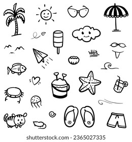 Hand drawn of summer themes. Thin black line abstract doodle beach vacation tools in multiple collection in vector illustration