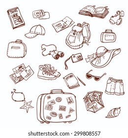 Hand drawn summer time icons set. Travel collection.