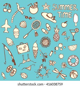 Hand drawn summer time icons set. Cute doodle summer icons on blue background