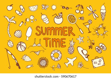 Hand drawn summer time icons set. Cute doodle summer icons on orange background 
