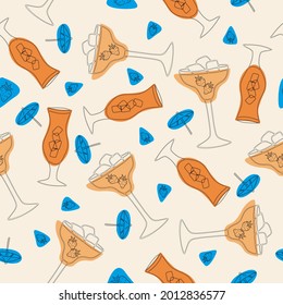 Hand drawn summer time organic fruits seamless pattern with cocktail in a glass