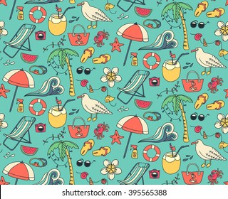 Hand Drawn Summer Time Theme Seamless Pattern. Beach Theme Background With Summer Elements. Vector Illustration.