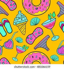 Hand drawn summer time theme beauty vector seamless pattern. Beach theme background with summer elements. Vector illustration.