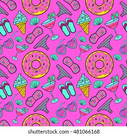 Hand drawn summer time theme beauty vector seamless pattern. Beach theme background with summer elements. Vector illustration.