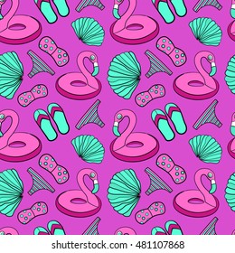 Hand drawn summer time theme vector seamless pattern. Beach theme background with summer elements. Vector illustration.