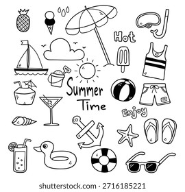 Handgezeichnete Sommerferien-Doodles mit Strand- und Ferienelementen