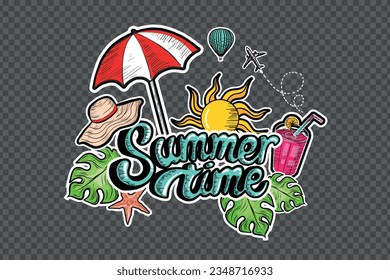 Hand drawn summer time vector banner design with colorful vintage  beach elements isolated on transparent background Hand drawing illustration Summer vacation design element for card or banner designs