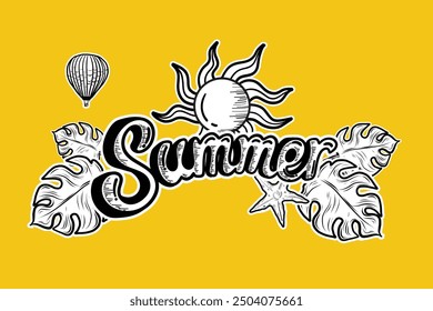 Hand drawn summer time vector banner design with colorful vintage  beach elements on yellow background Hand drawing vector illustration Summer vacation design element for card or banner designs