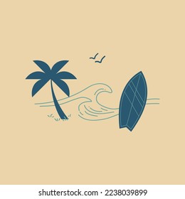 Hand drawn summer travel vacation vector illustration with surfboard on the beach, birds, ocean waves and palm tree on beige background. 