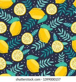 Hand drawn summer tropical background with lemon fruits and branches for fabric and wallpaper design. Repeated seamless pattern with fruits