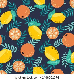 Hand drawn summer tropical background with lemon and orange fruits and branches for fabric and wallpaper design. Repeated seamless pattern with fruits