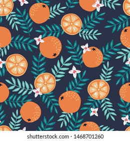 Hand drawn summer tropical background with lemon and orange fruits and branches for fabric and wallpaper design. Repeated seamless pattern with fruits