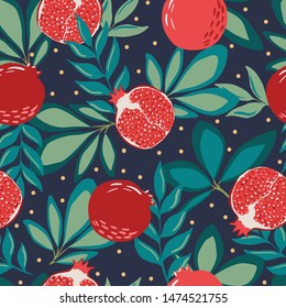 Hand drawn summer tropical background with pomegranate fruits and branches for fabric and wallpaper design. Repeated seamless pattern with fruits